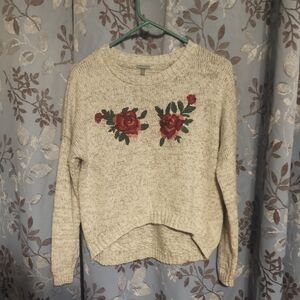 Charlotte Russe Cream Sweater with Red Floral Embroidery